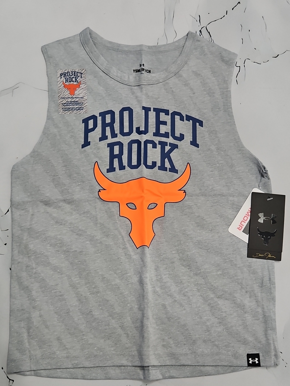 Under Armour Boys' Gray Tank Top with Navy Text and Orange Bull Logo